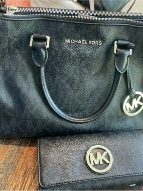 Michael Kors Black Signature Satchel and Wallet Set with Silver Hardware